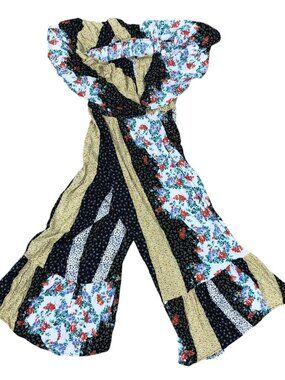 BLUE BUTTERCUP Floral Jumpsuit Women's LG Ruffle Sleeve USA Rayon Wide Leg